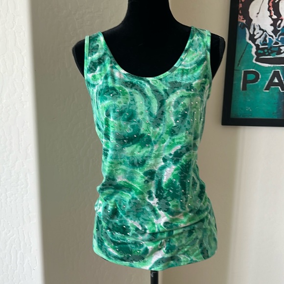 INC Textured Shades Of Green With Crystal Embellishments Tank Top Size Large - Picture 1 of 8